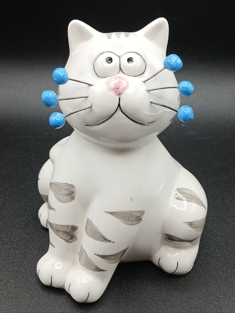 Vintage Amy Lacombe Ceramic 5" Cat Bank Whimsical Wire Whiskers & Blue Beads
